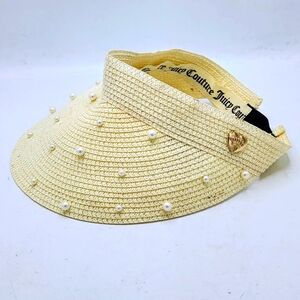 Juicy Couture Straw Sun Visor Hat With Pearls Accents And Gold Heart Logo In Tan
